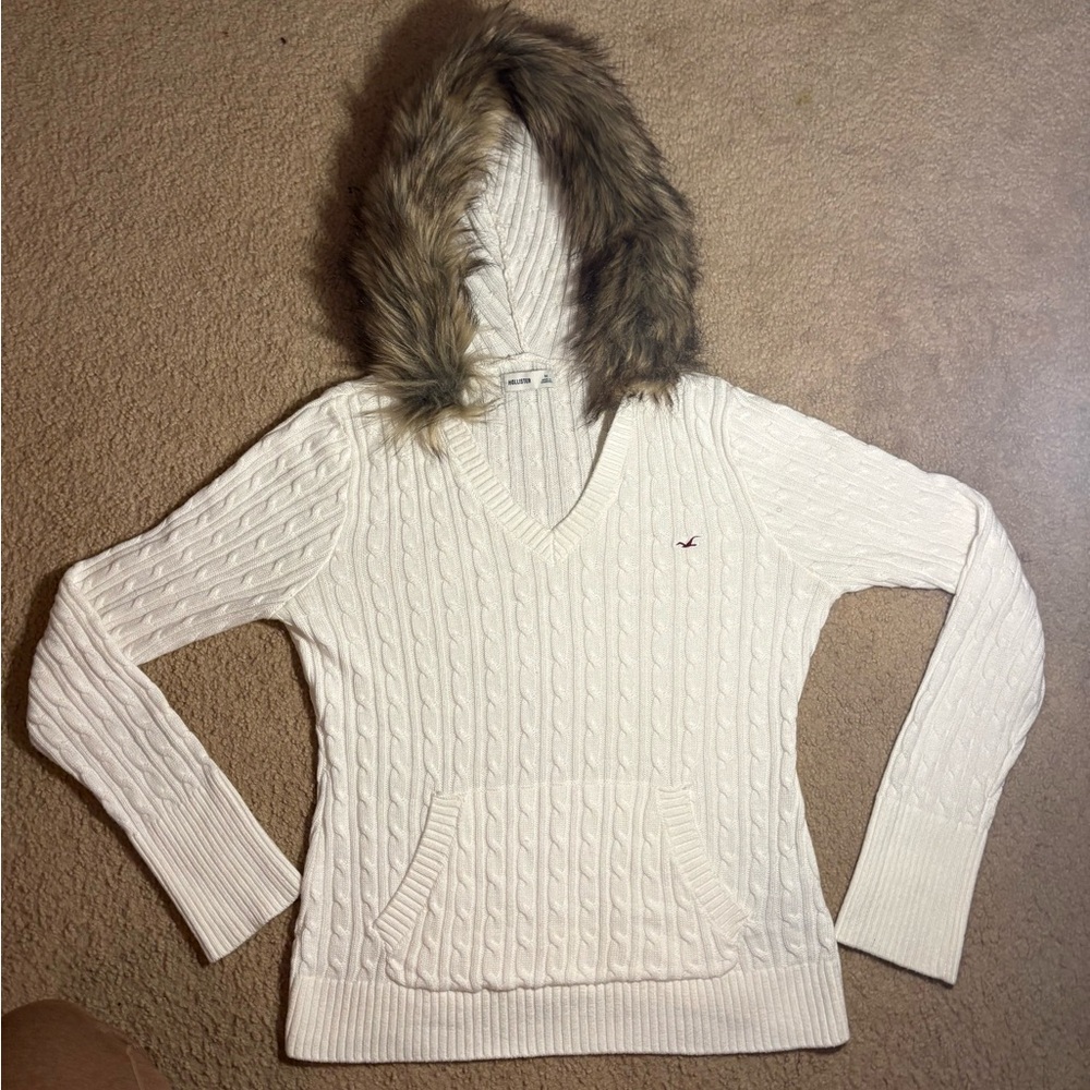 Hollister Women's V-Neck Sweater with Faux Fur Hood